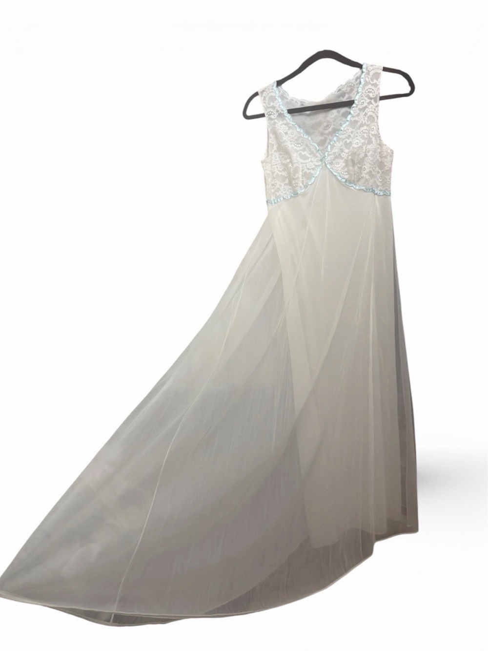 Shadowline Ivory Lace & Chiffon Nightgown with Pale Blue Trim